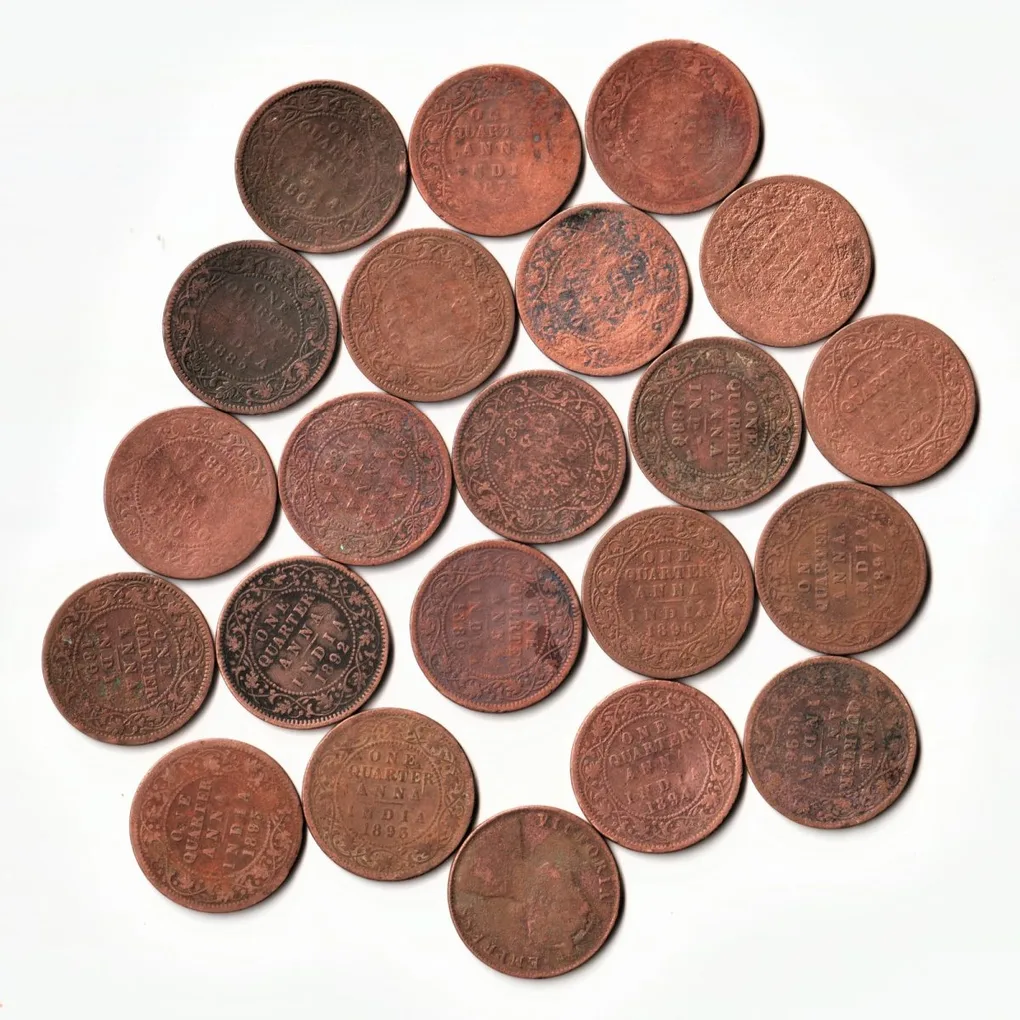22 Different One Quarter Anna 1862 to 1901 Copper Coin Set of Queen Victoria British India Coinage