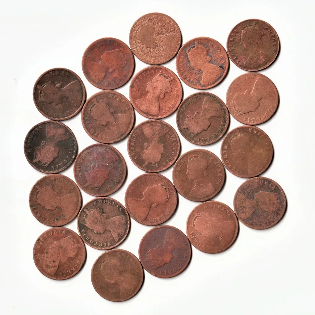 22 Different One Quarter Anna 1862 to 1901 Copper Coin Set of Queen Victoria British India Coinage