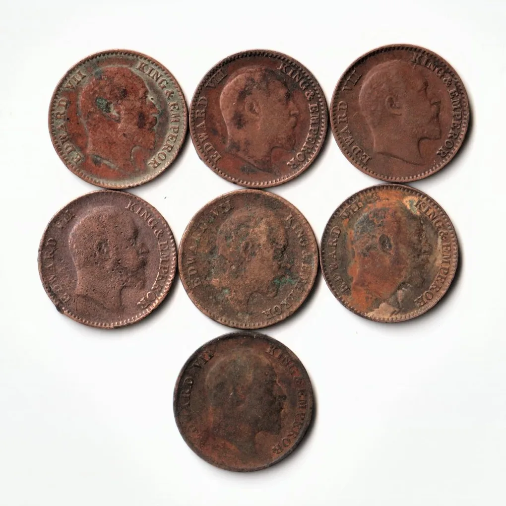 Good Grade 7 Coins Set of 1/12 Anna Different Years 1904 to 1910 Bronze Coins Of King Edward VII British India Coinage