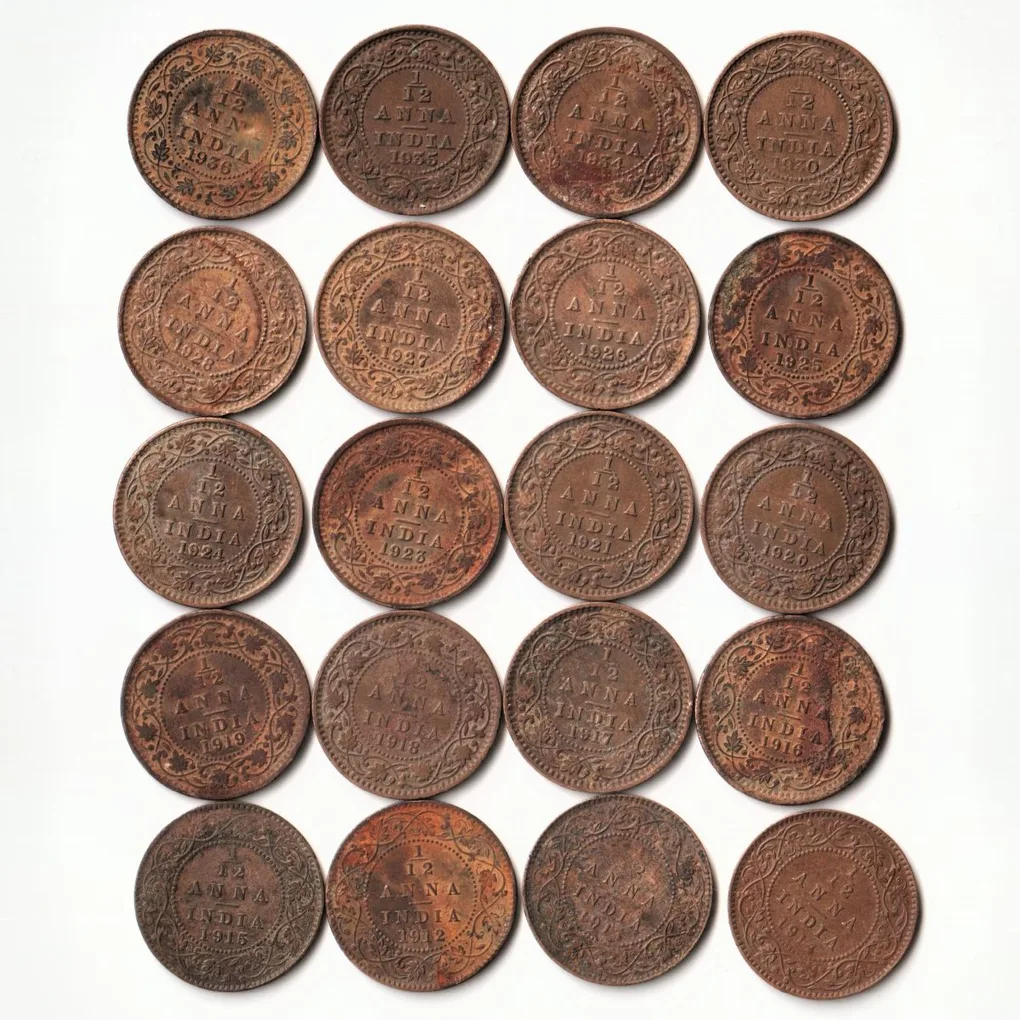 Rare 20 Coins Set of 1/12 Anna Different Years 1912 to 1955 Bronze Coins Of King George V British India Coinage