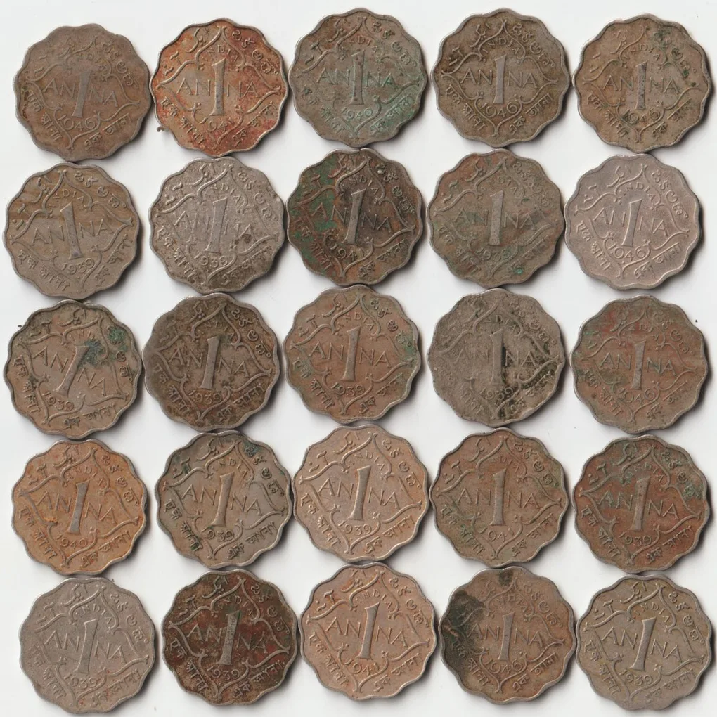 25 Coins Set of One Anna Copper-Nickel Coins of King George VI British India Coinage