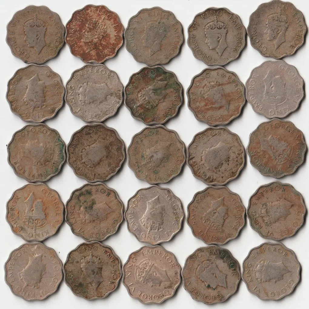 25 Coins Set of One Anna Copper-Nickel Coins of King George VI British India Coinage