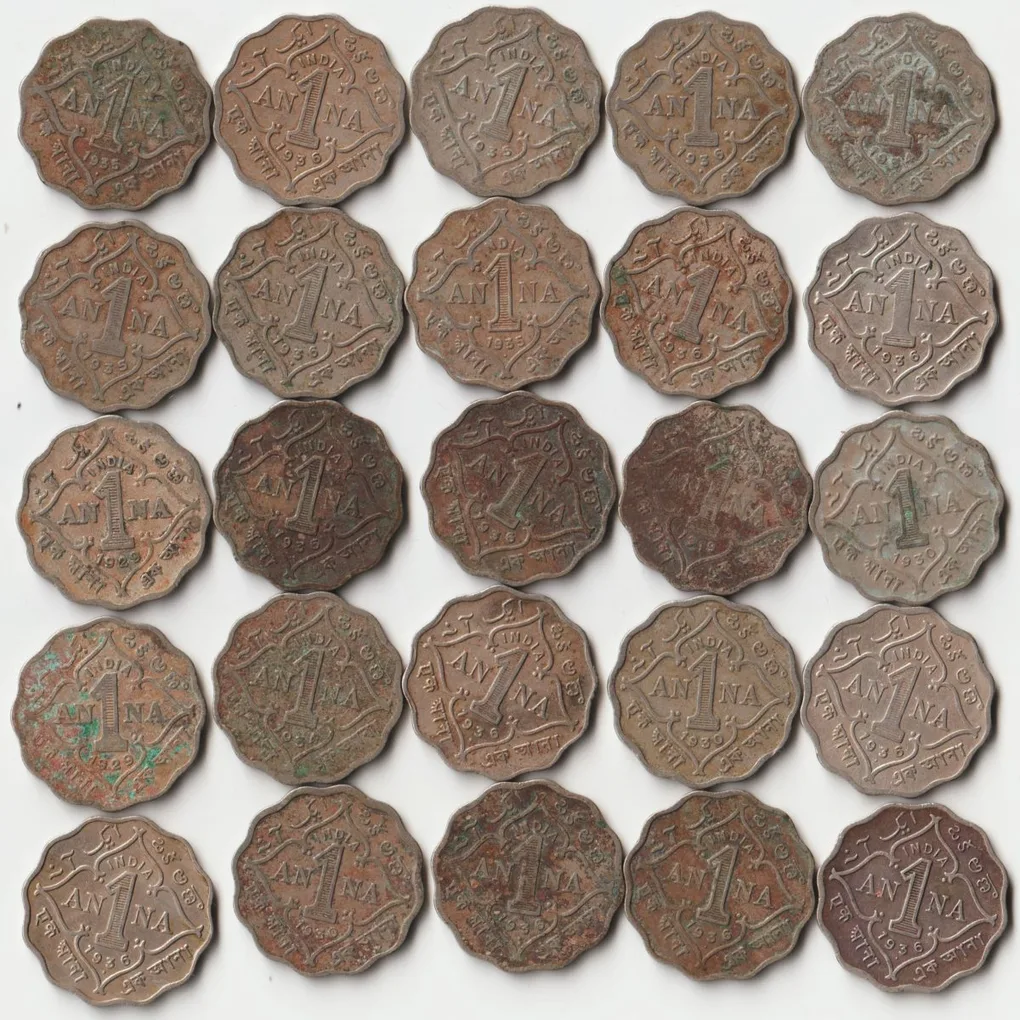 25 Coins Set of 1 Anna Different Dates and Different Mints Copper-Nickel Coins of King George V British India Coinage