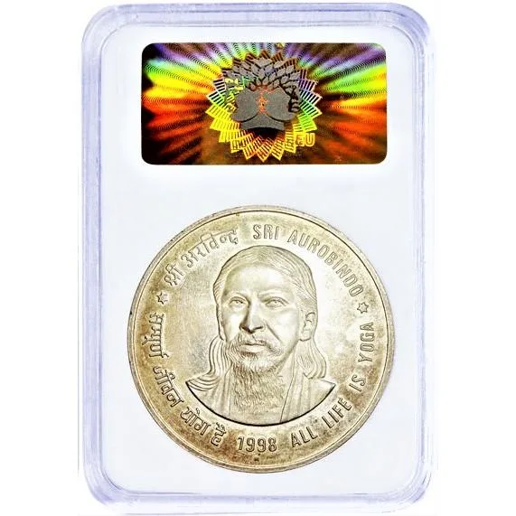 Extremely Rare 100 Rupees Coin of Sri Aurobindo of 1998 All life is Yoga of Mumbai Mint Proof Coin PCG Graded