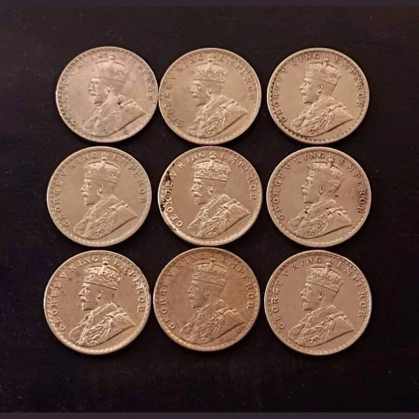 Rare Rare British India Set of 9 pieces of 8 different years of King and emperor George V Denomi