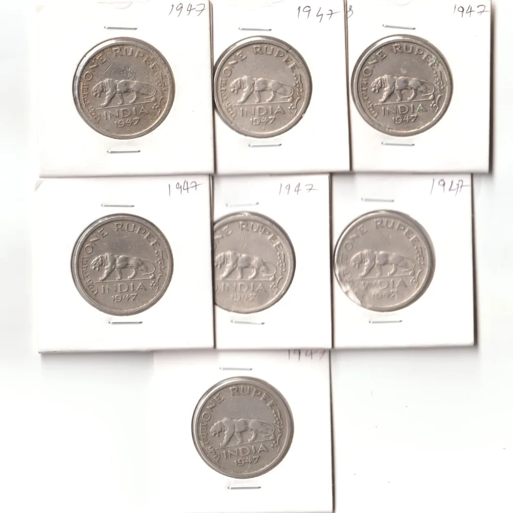 Seven Coins Set of One Rupee 1947 Nickel Coins With Coin Holder of King George VI British India Coinage