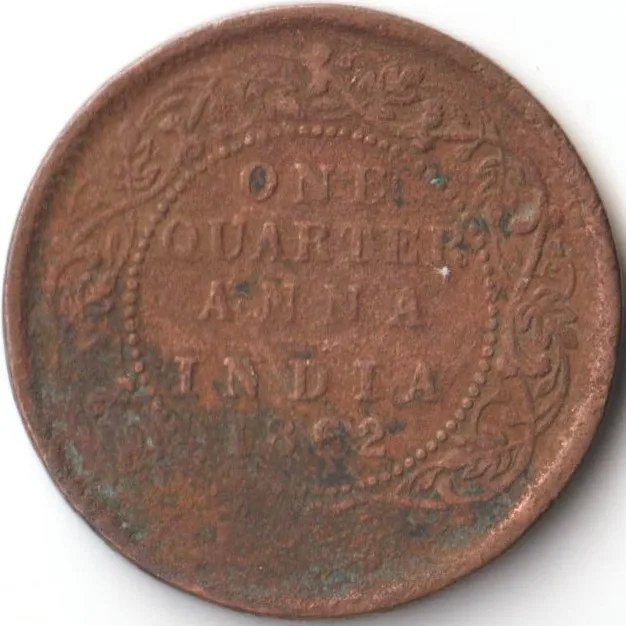 Rare One Quarter Anna 1862 Big Size Calcuuta Mint Copper Coin of Queen Victoria British India Coinage