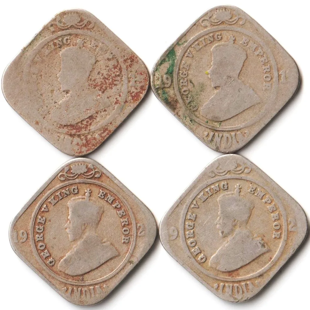 4 Coins Set of 2 Annas Different Date Copper-Nickel Coins Of King George V British India Coinage
