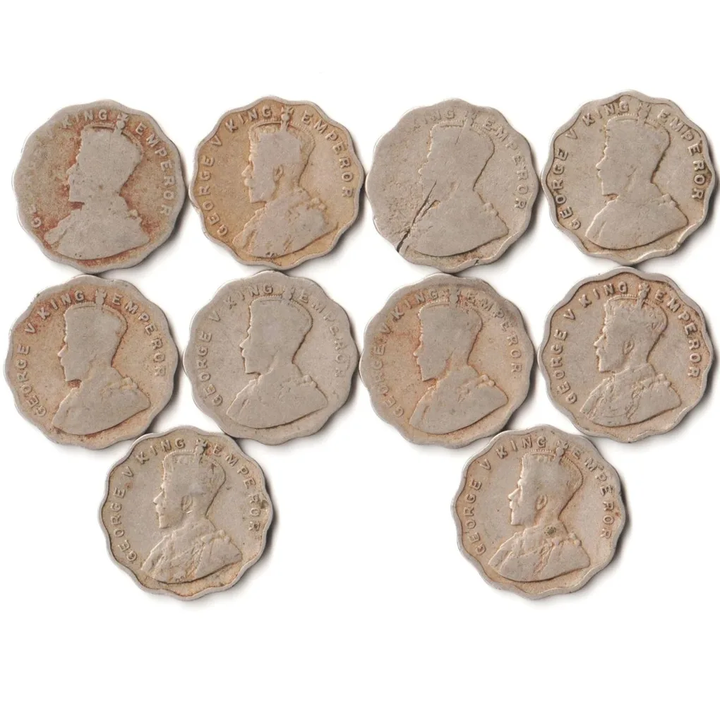 10 Coins Set of One Annas 1917-1936 Copper-Nickel Coin of King George V British India Coinage