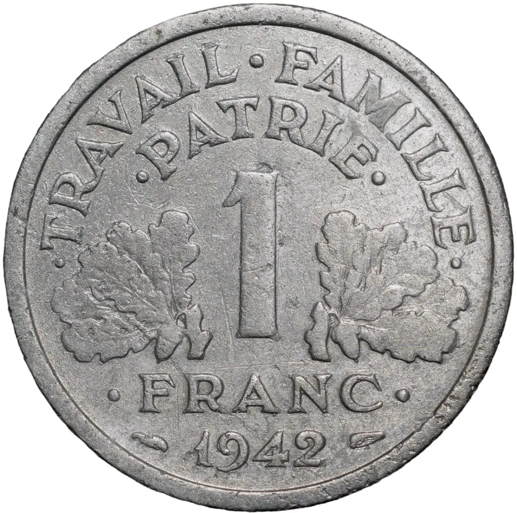 Old Aluminium 1 Franc of France (AD 1942) with Double-headed axe