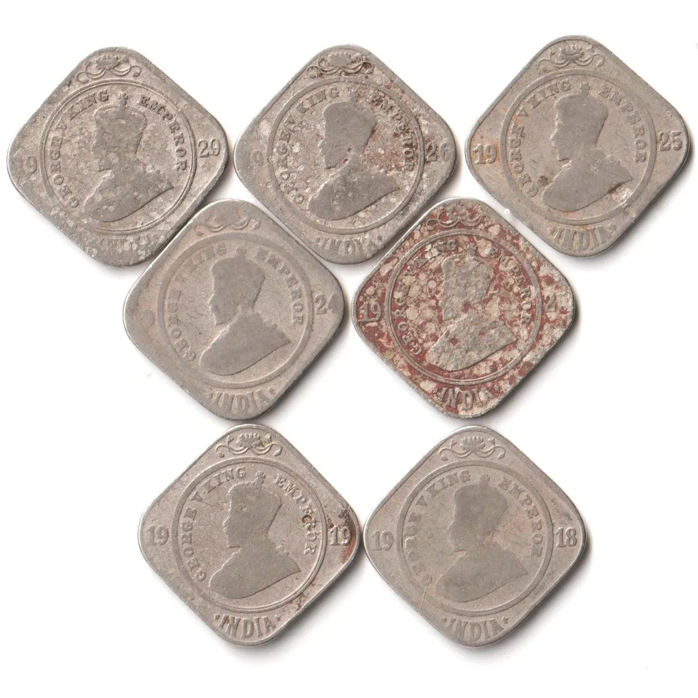 7 Coins Set of Two Anna 1929-1918 Copper-Nickel Coin of King George V British India Coinage