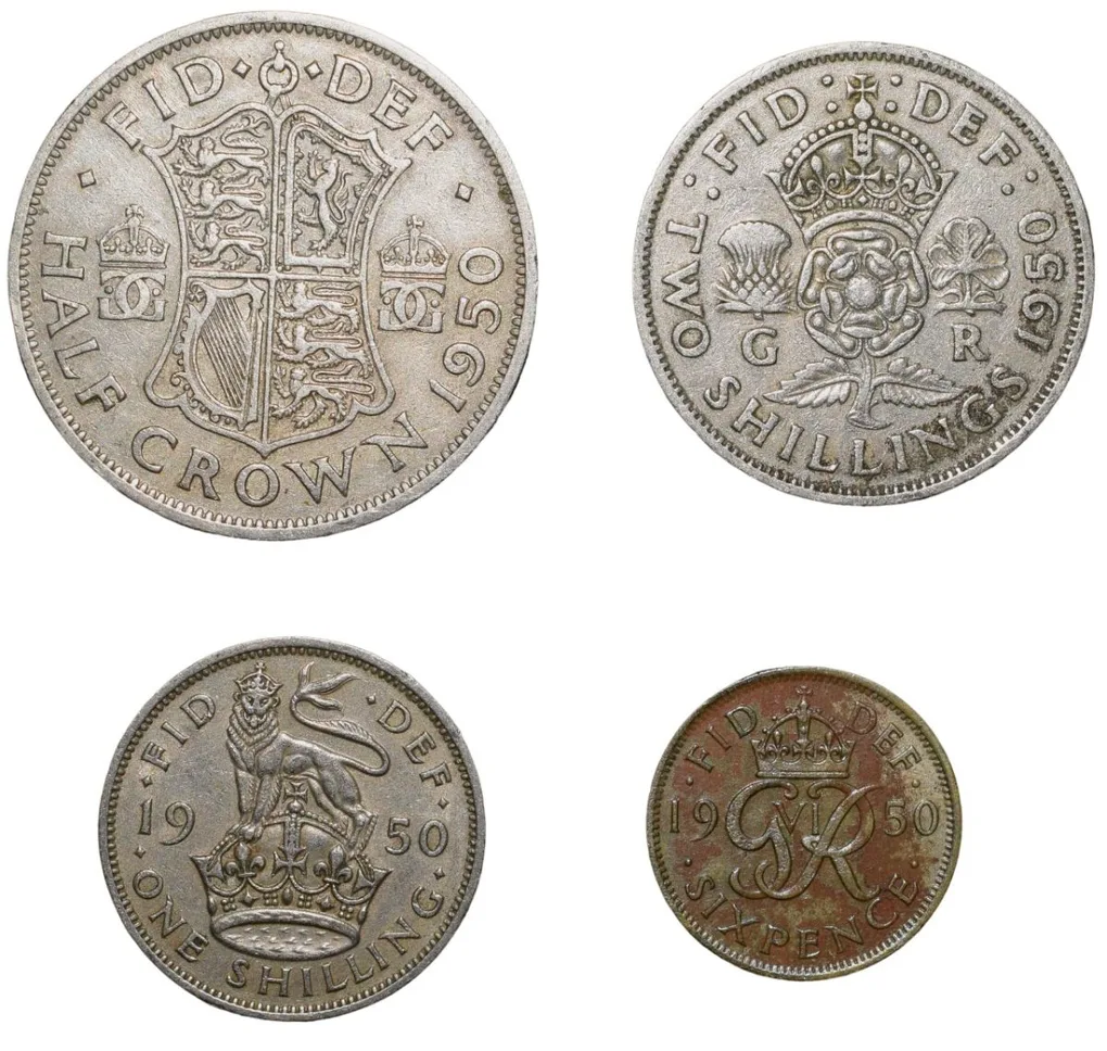 Set of 4 Different Copper-Nickel 1/2 Crown - 2 Shillings, 1 Shiling & 6 Pence of George VI (AD 1950) from Great Brittain