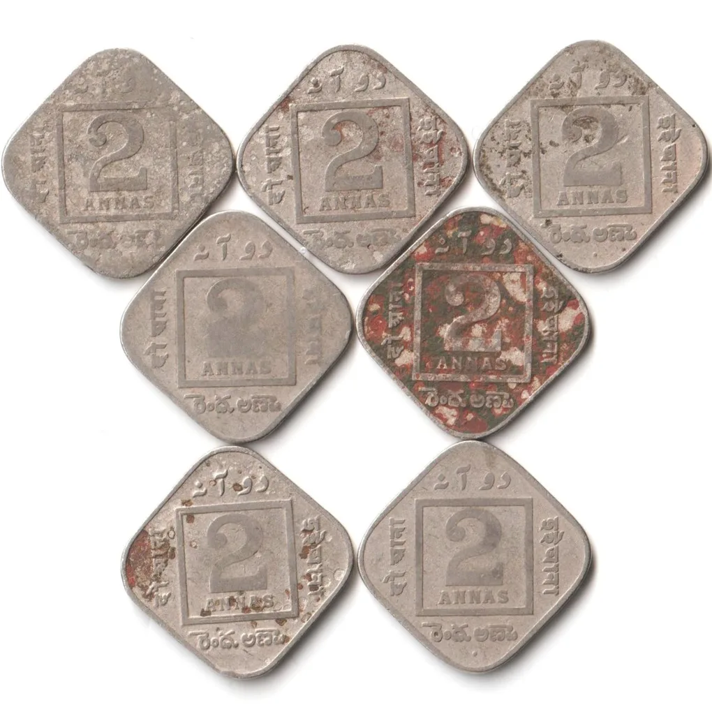 7 Coins Set of Two Anna 1929-1918 Copper-Nickel Coin of King George V British India Coinage