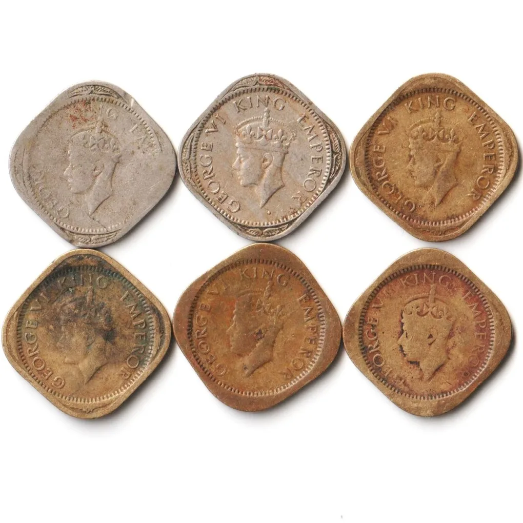 Rare 6 Coins Set of 1/2 Anna 1942-1947 Copper-Nickel and Nickel-Brass Coins of King George VI British India Coinage
