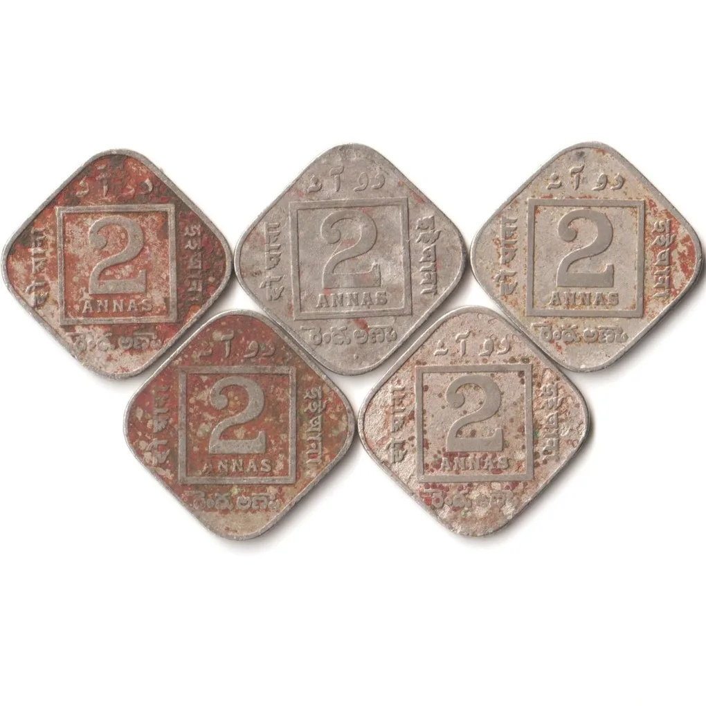 5 Coins Set of Two Anna 1925-1918 Copper-Nickel Coin of King George V British India Coinage