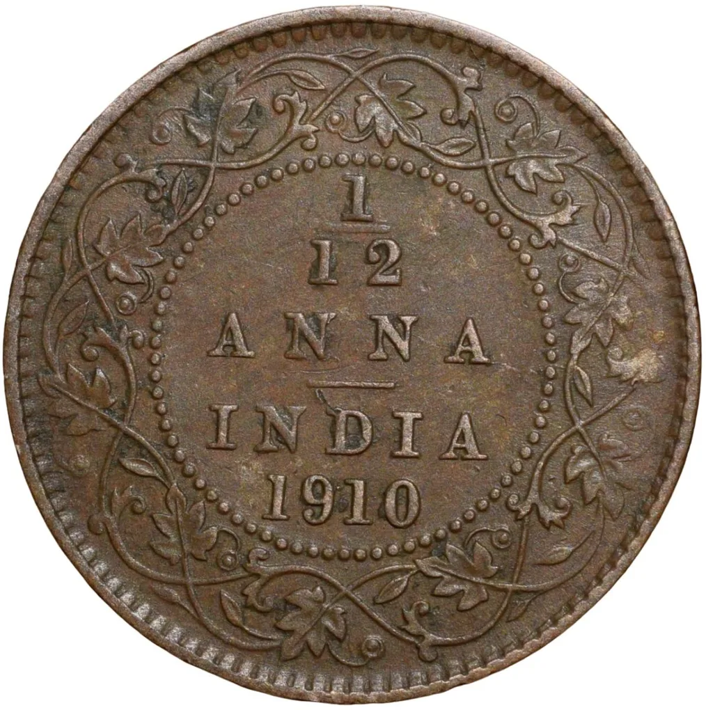 Bronze 1/12 Anna of Edward VII (AD 1910) of Calcutta Mint