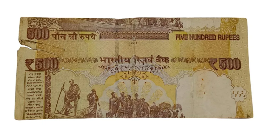500 Rupees Old Demonetised Issue Raghuram Rajan Year 2014 Massive Misalignment Shift with Mismatched Serial Numbers Errors **V. Rare** Used Condition Little Torn.