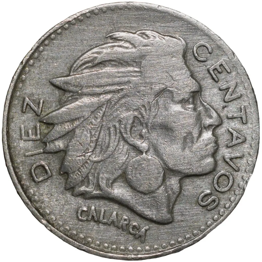 Old Copper-Nickel 10 Pesos of Colombia Country (AD 1956) with portrait of Indio Chief