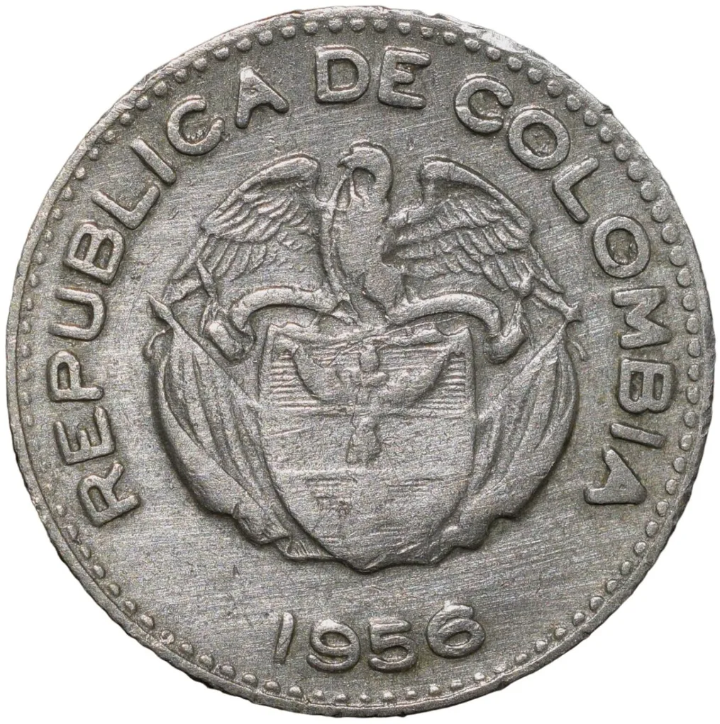 Old Copper-Nickel 10 Pesos of Colombia Country (AD 1956) with portrait of Indio Chief