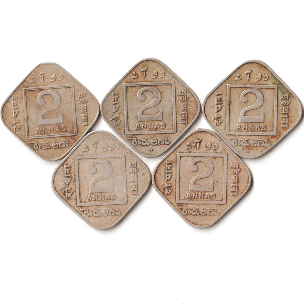 5 Coins Set of 2 Annas 1918-1936 Copper-Nickel Coins of King George V British India Coinage