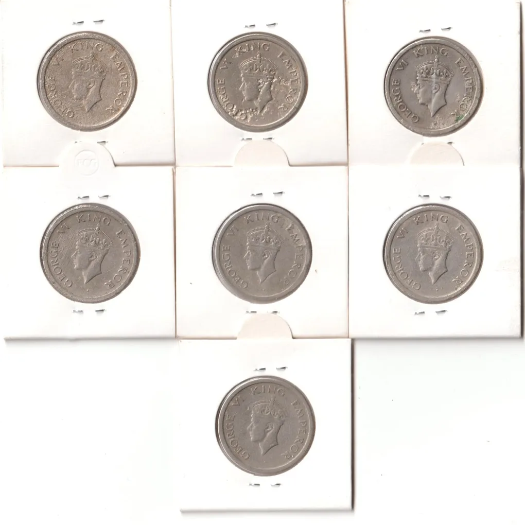 Seven Coins Set of One Rupee 1947 Nickel Coins With Coin Holder of King George VI British India Coinage