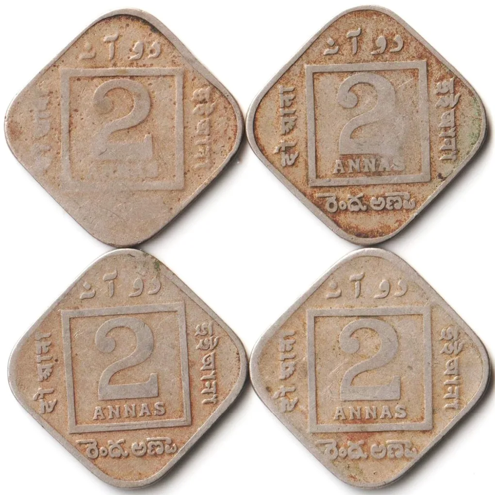 4 Coins Set of 2 Annas Different Date Copper-Nickel Coins Of King George V British India Coinage