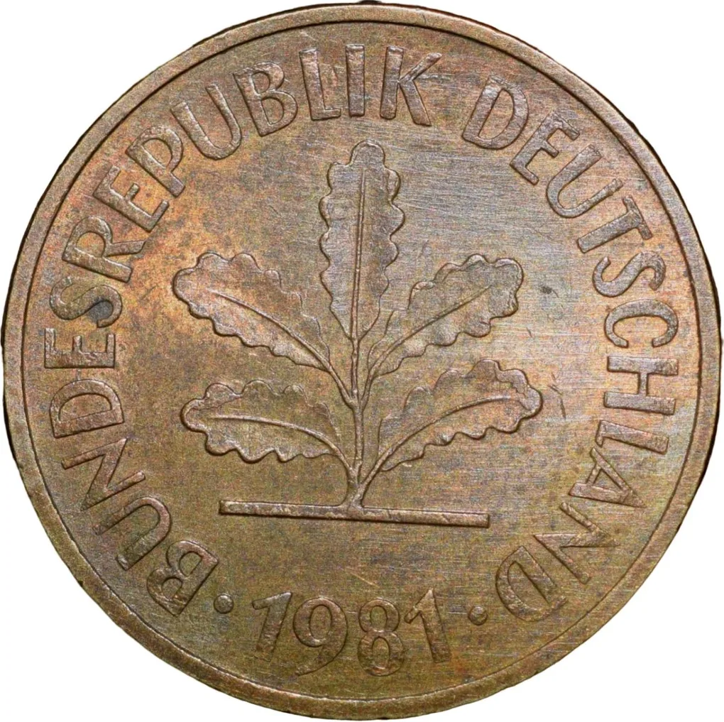 Brass 5 Pfenning of Germany (AD 1981) with Oak Sapling