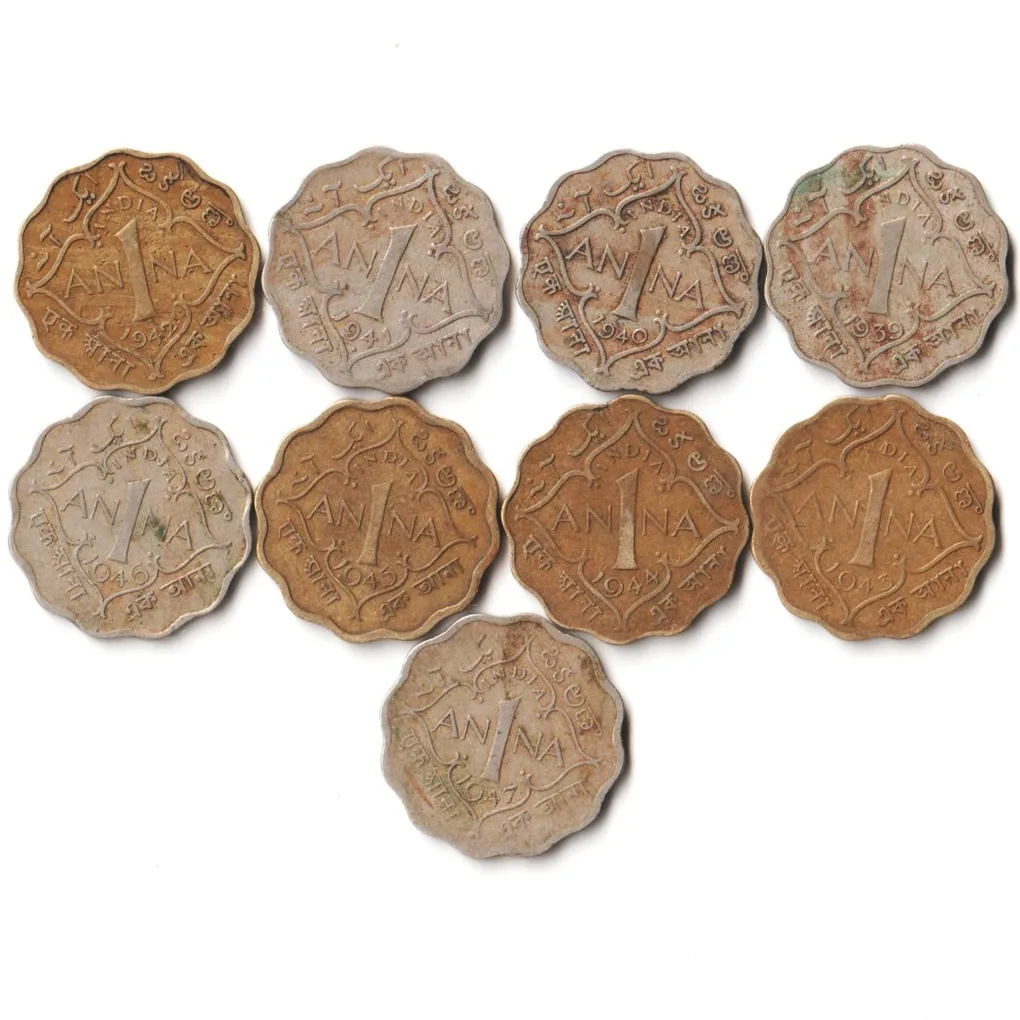 9 Coins Set of One Anna 1939-1947 Copper-Nickel Coin of King George VI British India Coinage