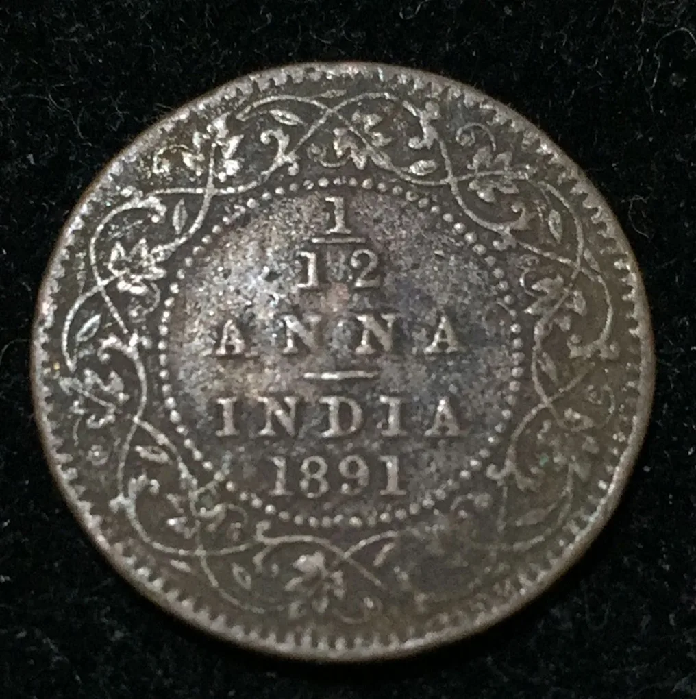 India - British 1β12 Anna 1891 - Victoria Rare Coin #I-39