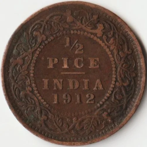 1/2 Pice 1912 Copper Coin of King George V British India Coinage
