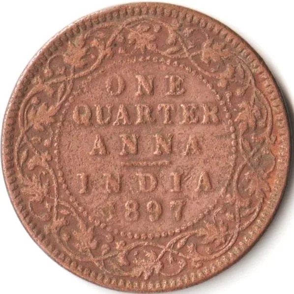 One Quarter Anna 1897 Copper Coin of Victoria Empress British India Collectible Coins