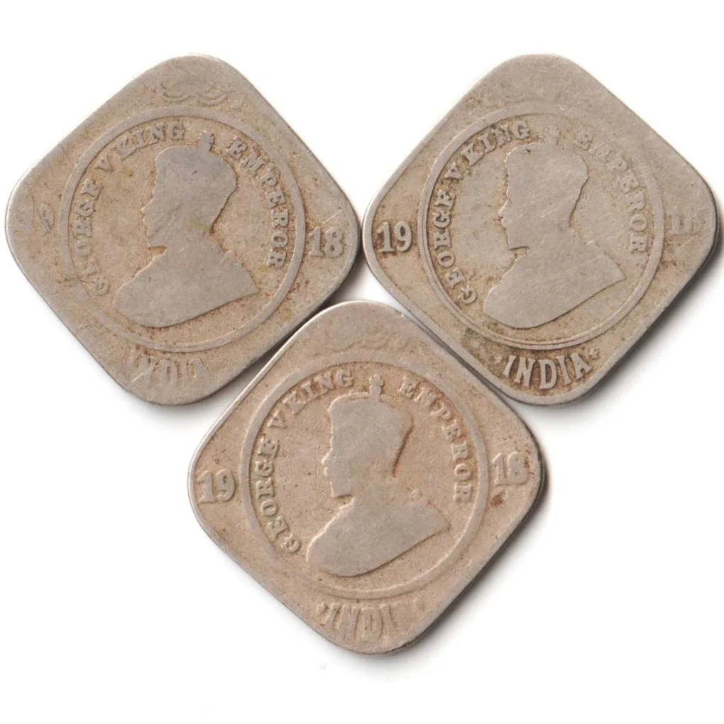 3 Coins Set of Two Anna 1918 Copper-Nickel Coin of King George V British India Coinage