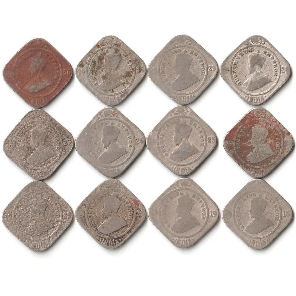 12 Coins Set of Two Anna Different Date 1918-1936 Copper-Nickel Coins of King George V British India Coinage