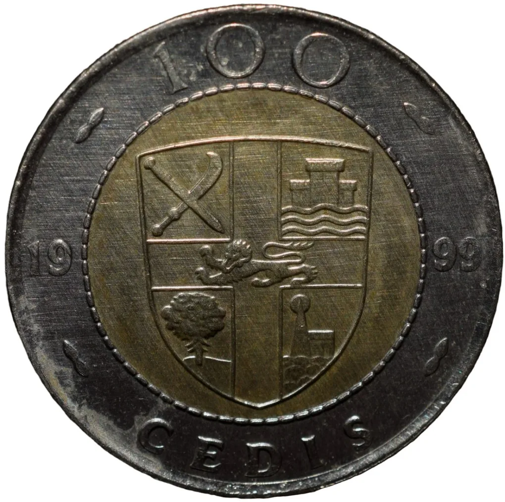 Bi-Metallic 100 Cedis of Ghana Country (AD 1999) with Cocoa Plants