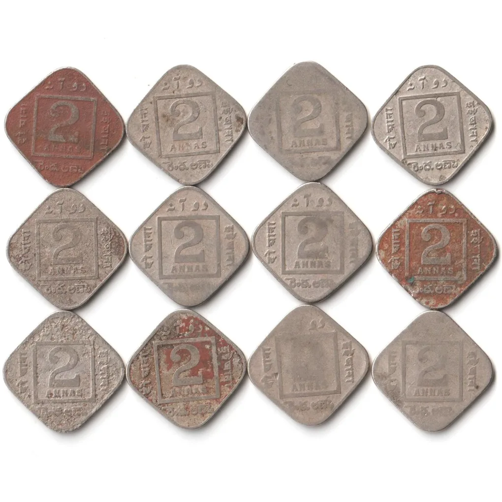 12 Coins Set of Two Anna Different Date 1918-1936 Copper-Nickel Coins of King George V British India Coinage