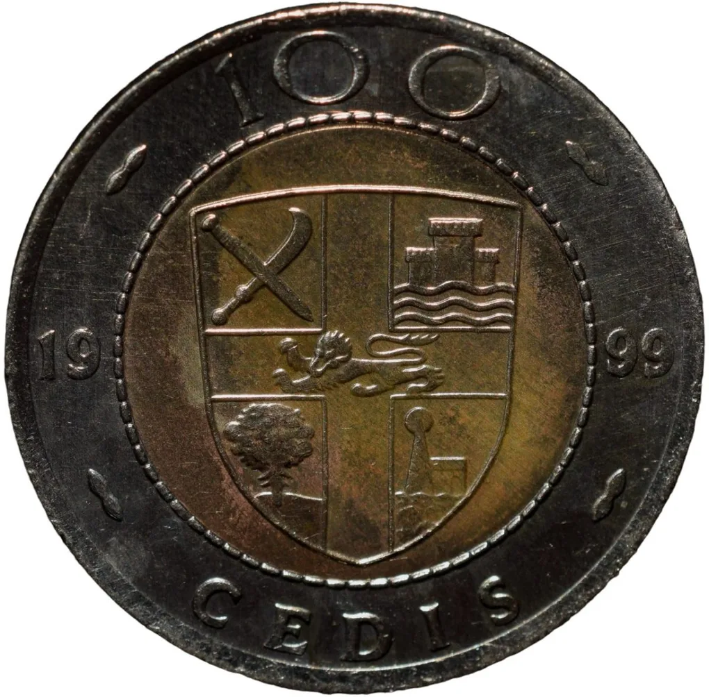 Bi-Metallic 100 Cedis of Ghana Country (AD 1999) with Cocoa Plants