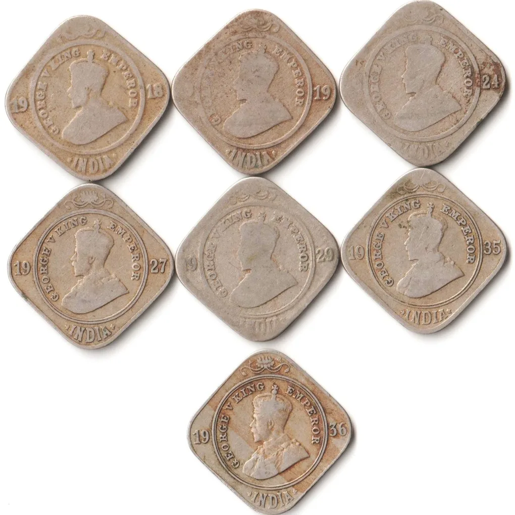 7 Coins Set of Two Annas 1918-1936 Copper-Nickel Coin of King George V British India Coinage