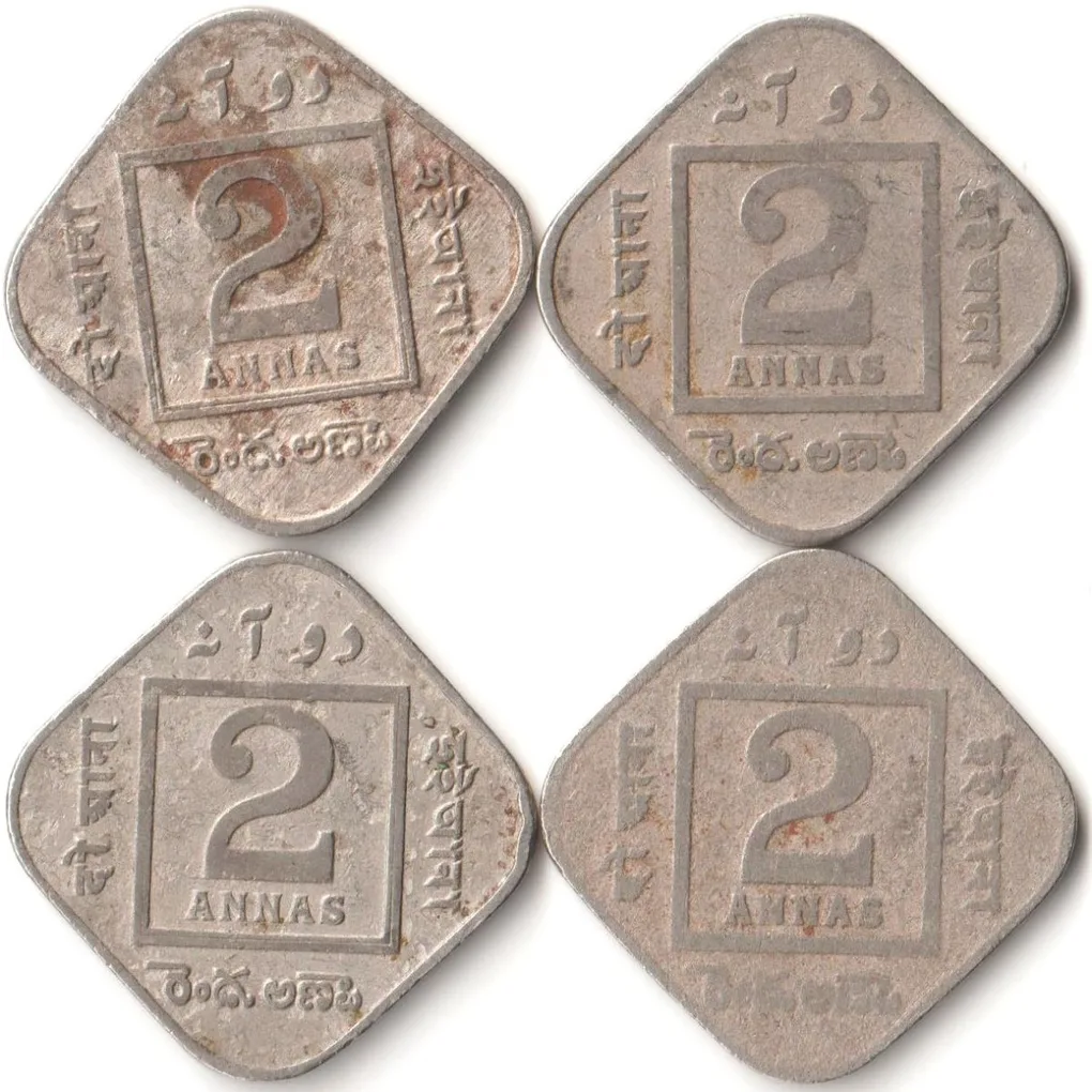 4 Coins Set of Two Anna Different Date 1918-1925 Copper-Nickel Coins of King George V British India Coinage