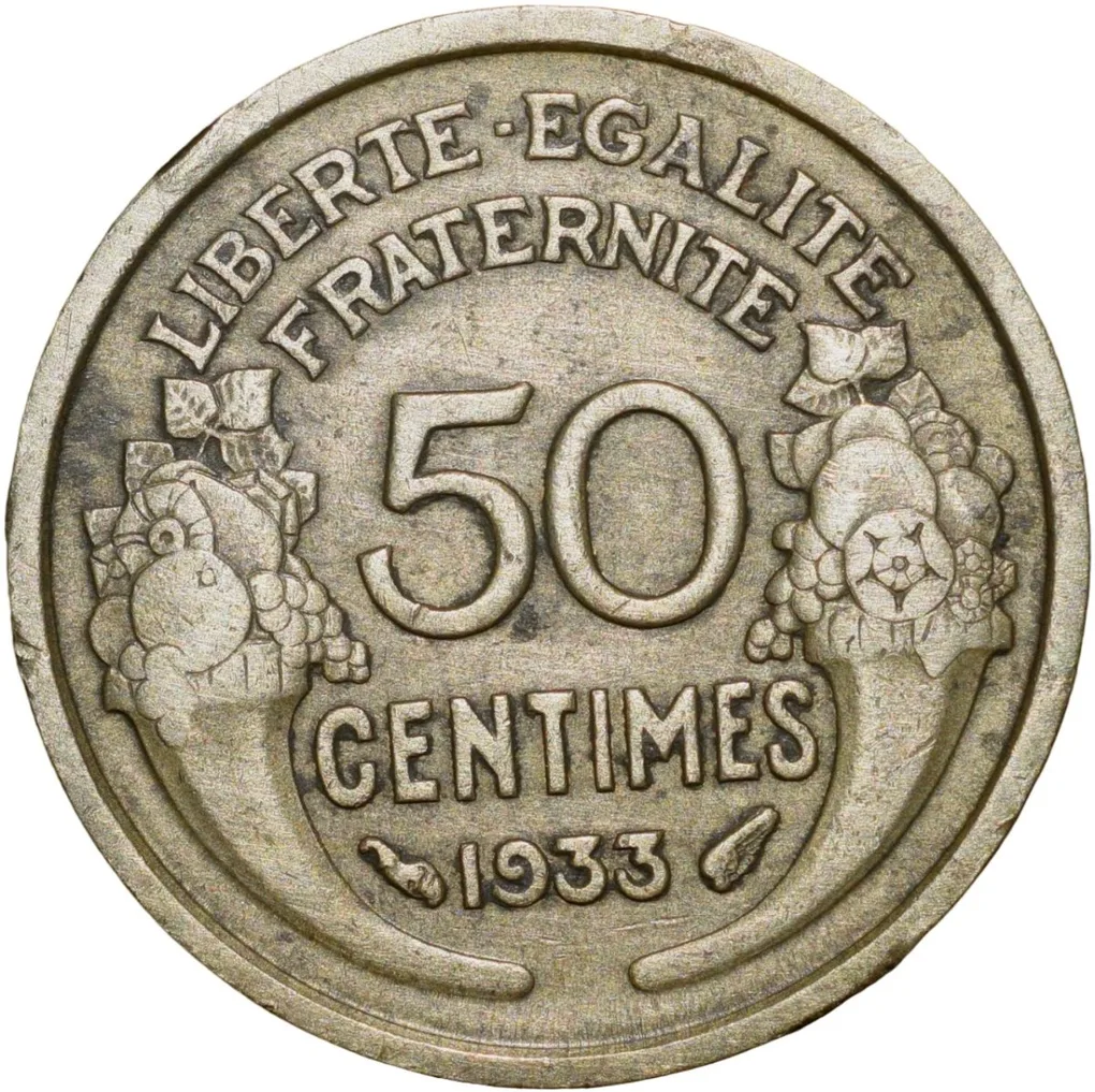 Old Brass 50 Centimes of France Country (AD 1933) with Marianne's head left Rare