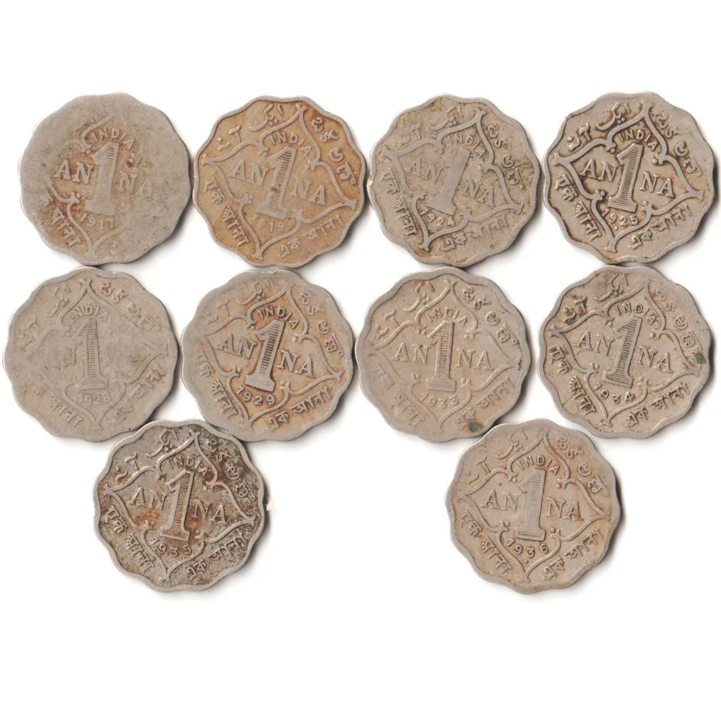 10 Coins Set of One Annas 1917-1936 Copper-Nickel Coin of King George V British India Coinage