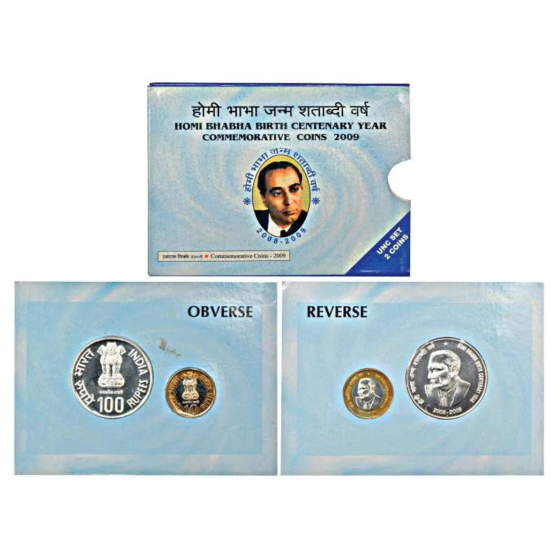 2009, Homi Bhabha Birth Centenary, UNC set of 2 coins, 100 rupees and 10 rupees, Mumbai mint
