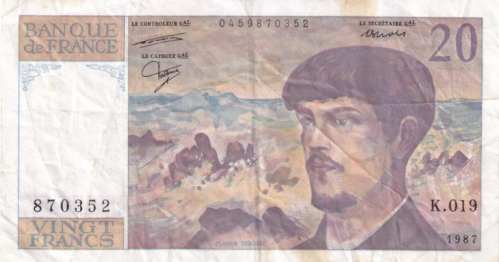France 20 Francs - Debussy with safety wire Rare Note