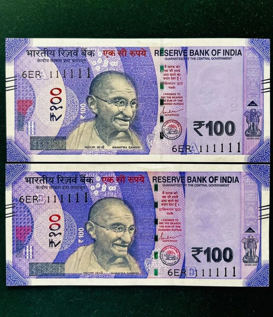 Rs 100 India Banknote Twin Set Gem Unc Very Unique Solid Number 6ER 111111