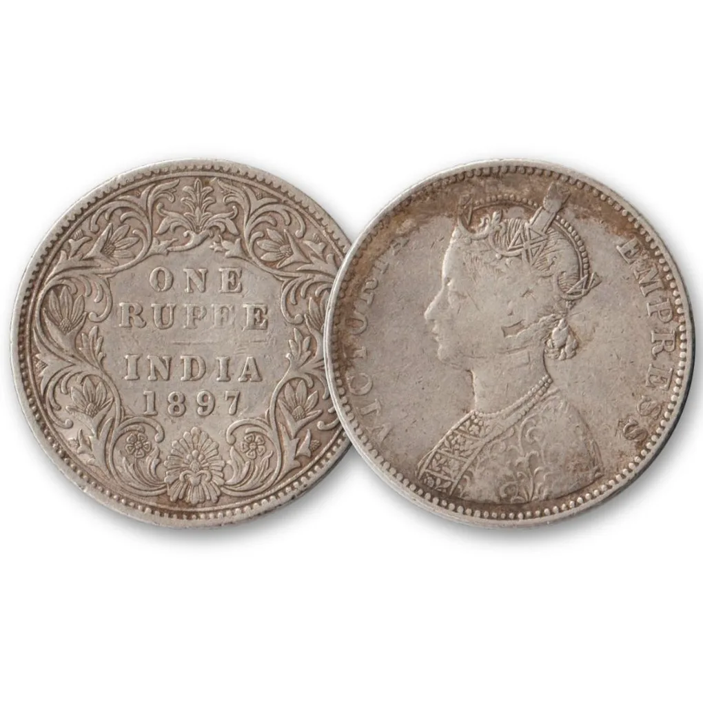 Extremely Rare One Rupee 1897 Silver Coin of Bombay Mint Mark B Incused Victoria Empress British India Coinage