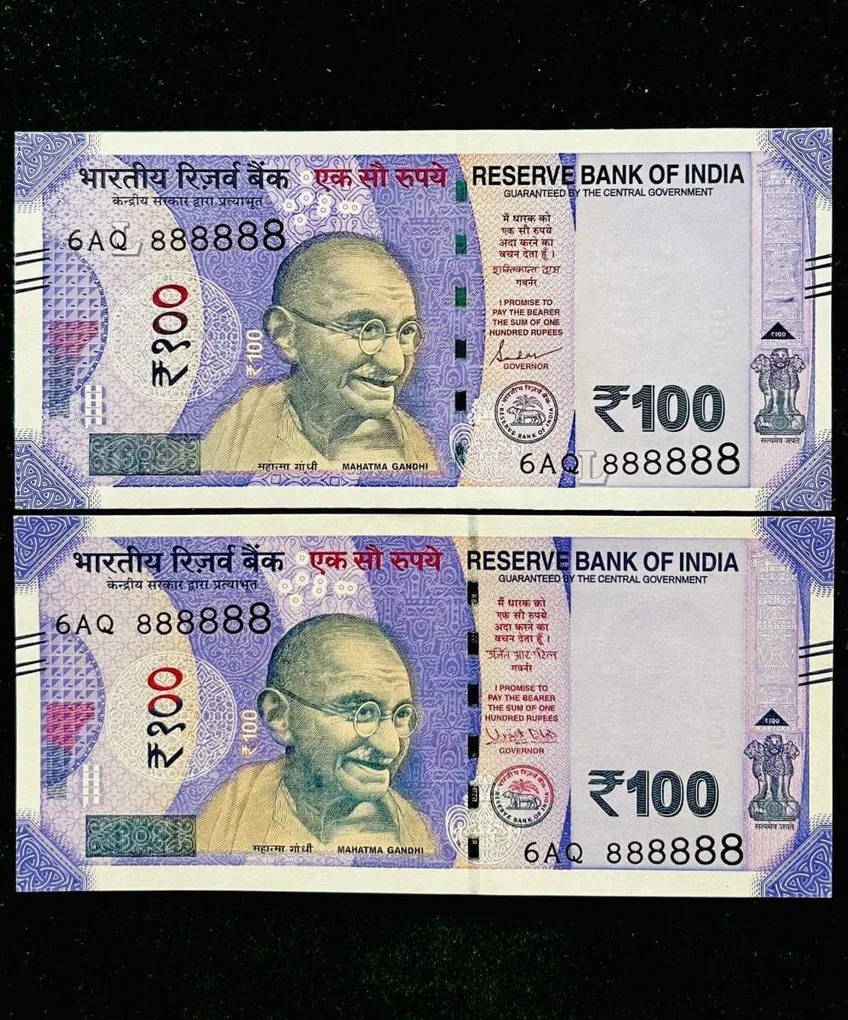 Rs 100 India Banknote Twin Set Gem Unc Very Unique Solid Number 6AQ 888888
