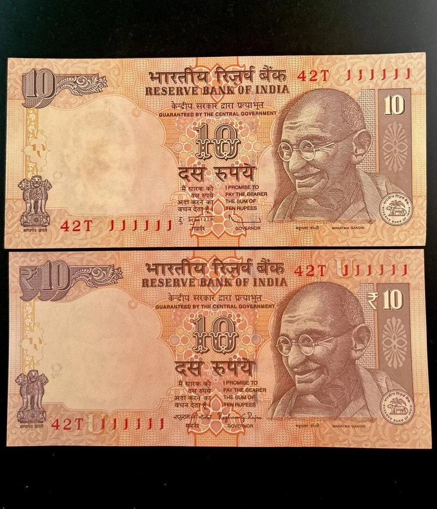 Rs 10 India Banknote Twin Set Gem Unc Very Unique Set Solid Number 42T 111111