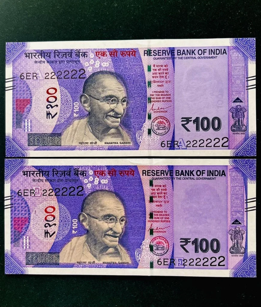 Rs 100 India Banknote Twin Set Gem Unc Very Unique Solid Number 6ER 222222
