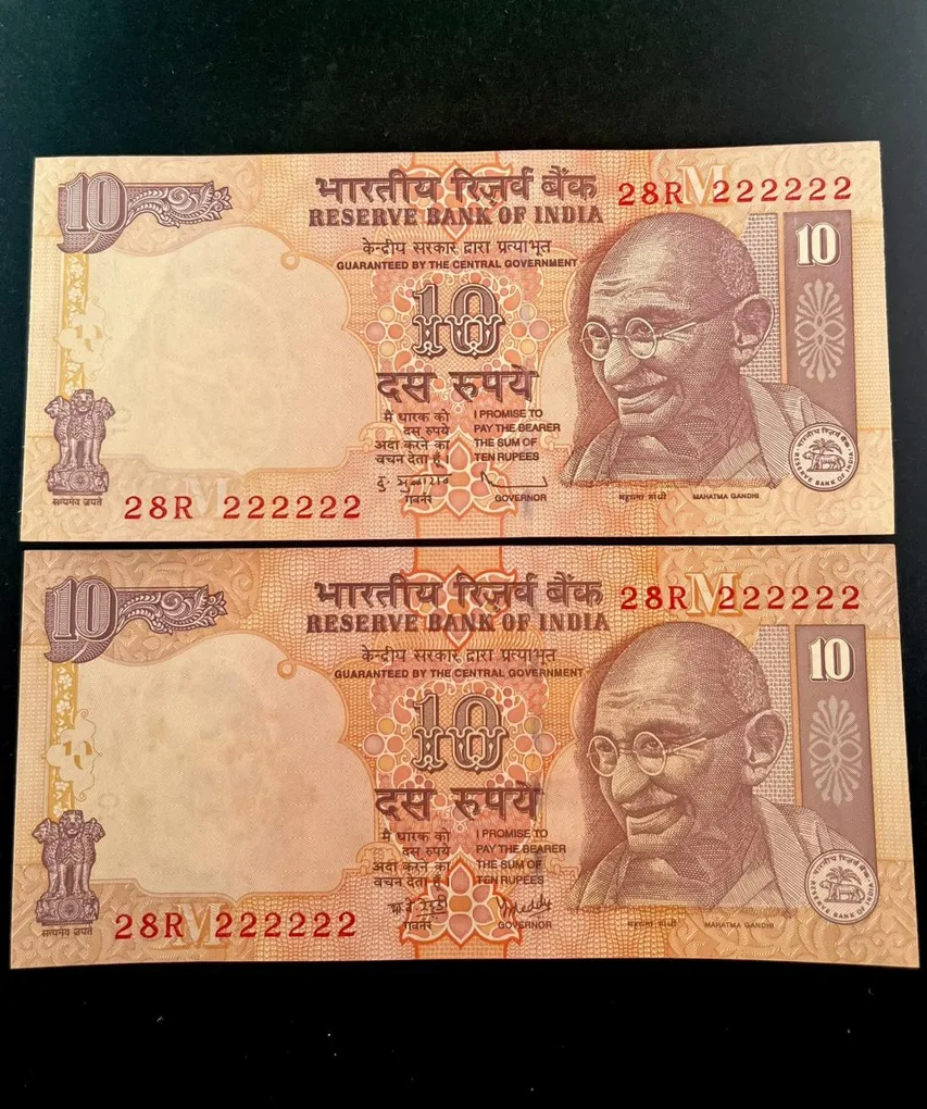 Rs 10 India Banknote Twin Set Gem Unc Very Unique Set Solid Number 28R 222222