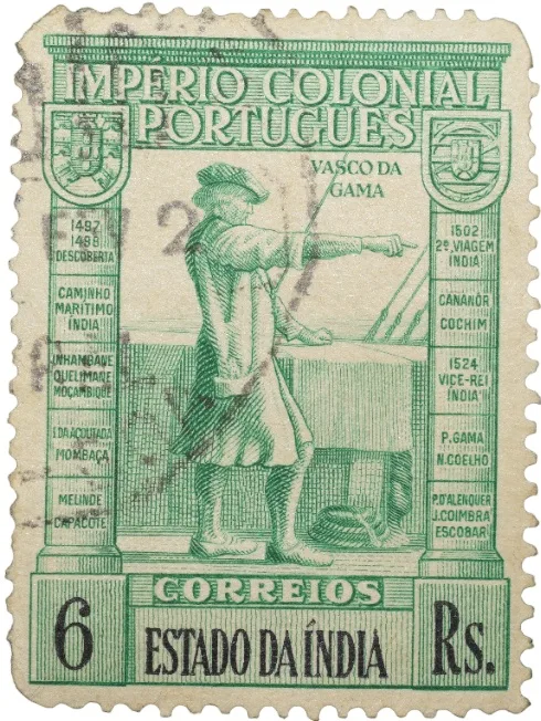 Postal Stamp of India Portugues - Green 6 Ries with Vasco Da Gama - Used as per Image.