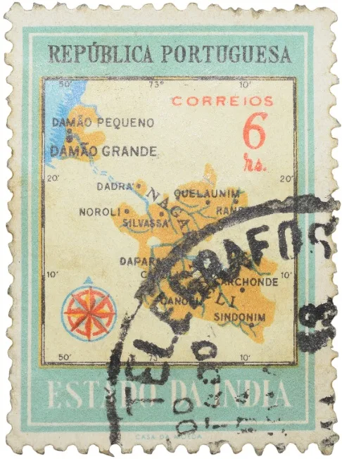 Postal Stamp of India Portugues - 6 Ries Multi-Colour with Geographical Map - Used as per Image.